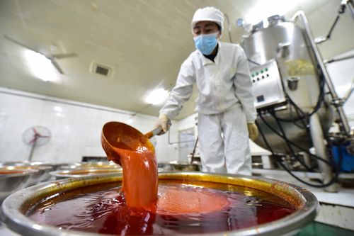 12月3日,工人在麻江县一食品公司生产车间搅拌制作酸汤粉的原料.