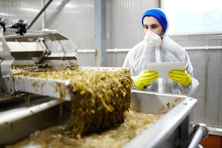 青年工厂海鲜加工厂青年工人海藻沙拉的生产控制过程照片
